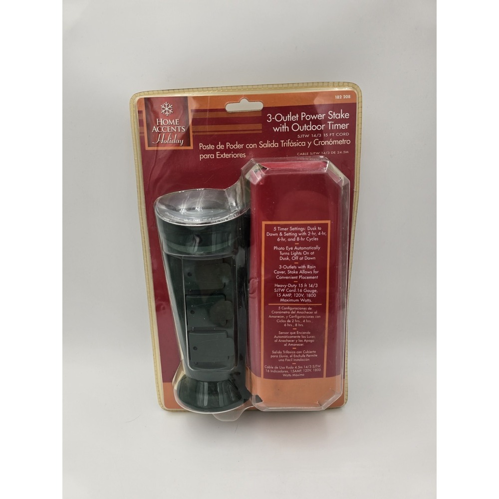 Home Accents Holiday 3 Outlet Power Stake Strip Outdoor Timer Sensor 15 Ft Cord
